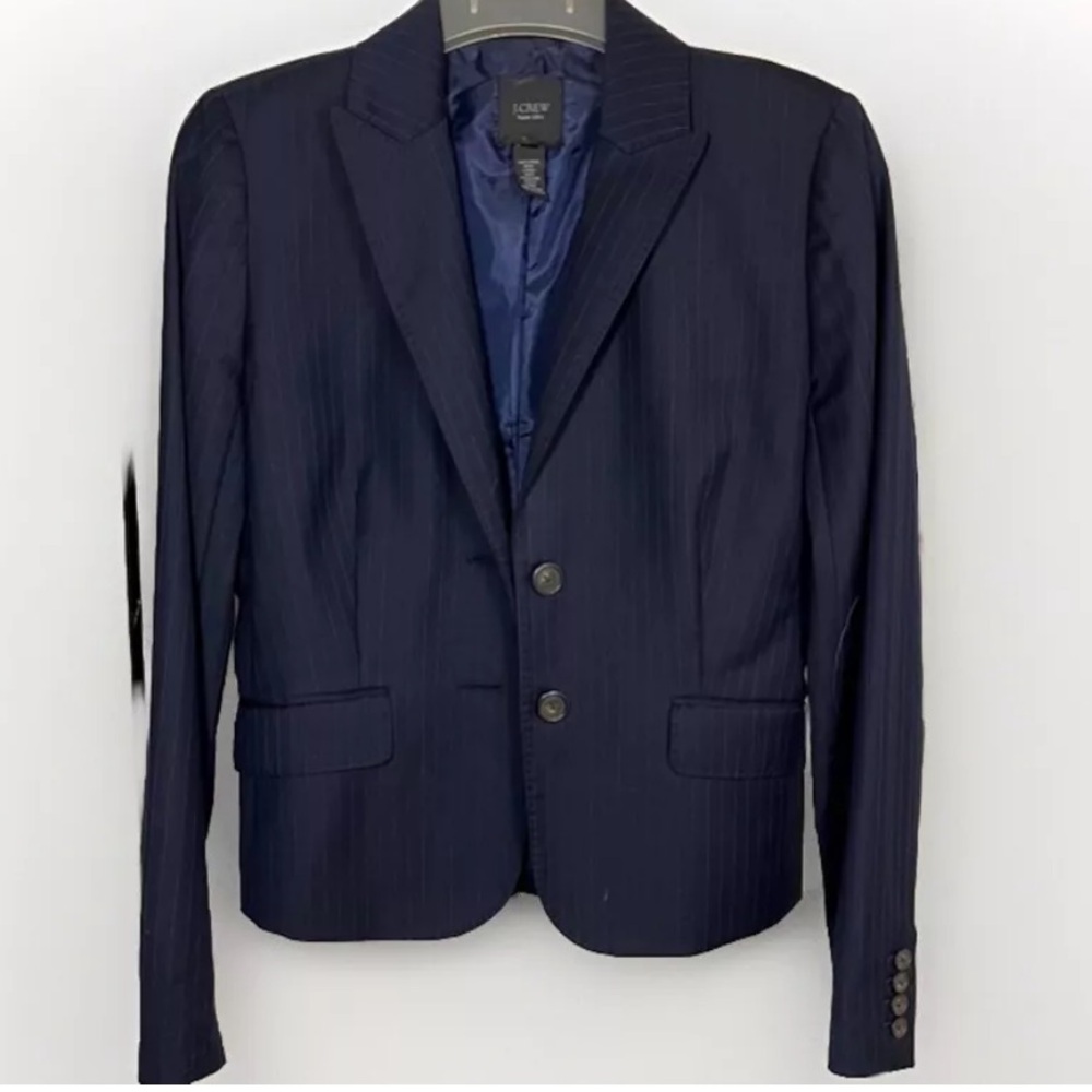 J. Crew Wool Blazer Womens Sz 6 Navy Blue Two Button Pin Stripe Work short
